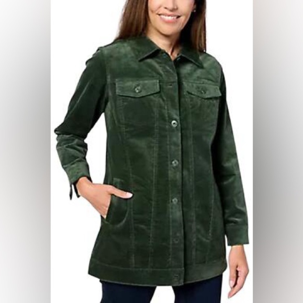 Denim & Co. Women's Stretch Velveteen Long Jacket Dark Green medium